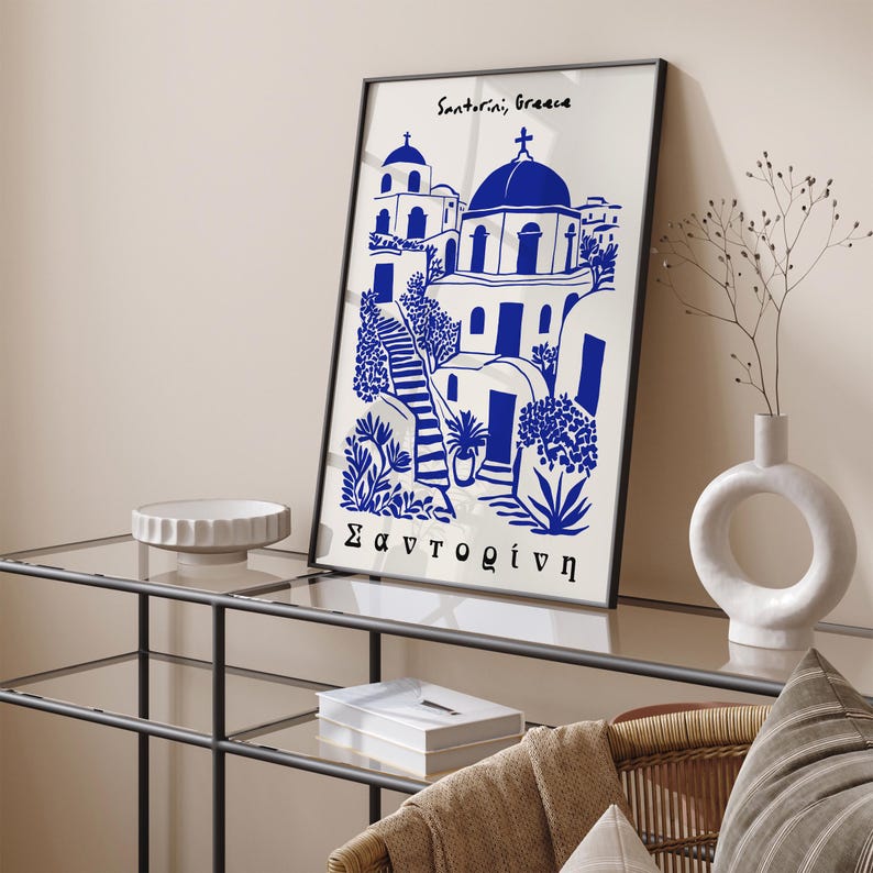 Santorini Greece Art Print: Blue & White Island Travel Poster
