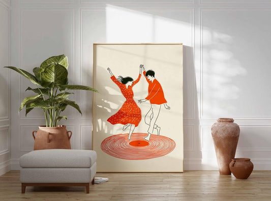 Dancing Couple Wall Art Print, Retro Record Player Poster, Modern Music Inspired Illustration for Home Bar or Living Room