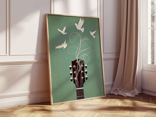 Music Wall Art, Guitar Poster with Birds, Boho Music Room Decor, Indie Music Artwork, Modern Guitar Print, Music Lover Gift