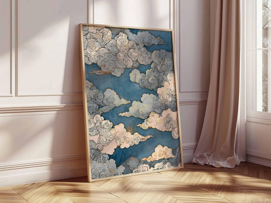 Japanese Cloud Art Poster, Blue and Gold Sky Print, Traditional Woodblock Style, Elegant Japanese Decor, Zen Minimalist Wall Art