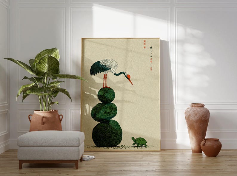 Crane and Turtle Wall Art Print, Japanese Symbolism Poster, Minimal Nature Illustration