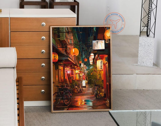 Tokyo Japan Oil Painting – Lantern Street Night Scene Wall Art, Asian Cityscape Urban Decor Print