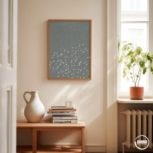 Blue Flock of Birds Poster for Japandi Scandi or Nordic Style Home Decor, available in populair sizes such as 18x24", 20x30" and 50x70cm