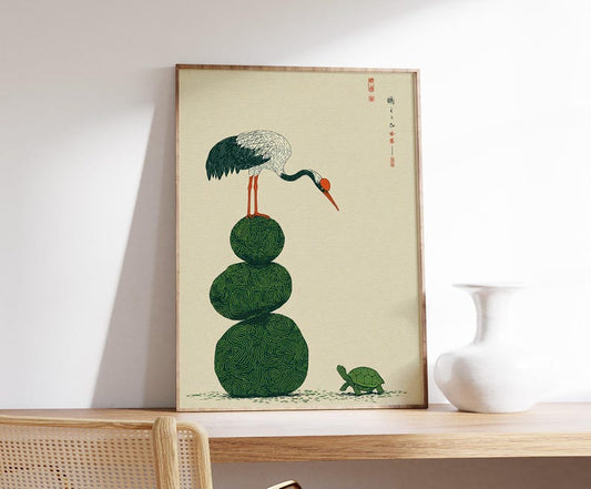 Crane and Turtle Wall Art Print, Japanese Symbolism Poster, Minimal Nature Illustration