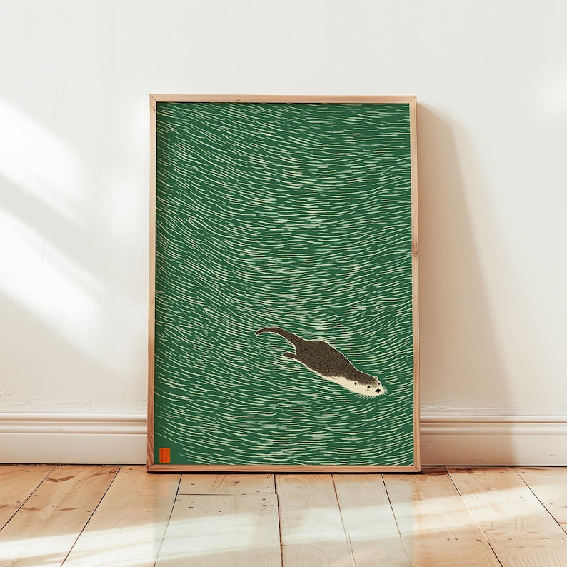 Otter Swimming Poster, Japanese-Style Minimal Wildlife Print
