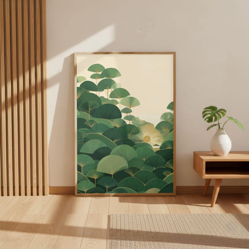 Art Deco Forest Landscape Poster, Japanese Inspired Green Botanical Wall Art Print, Sunrise Minimalist Nature Decor for Living Room Gift Set