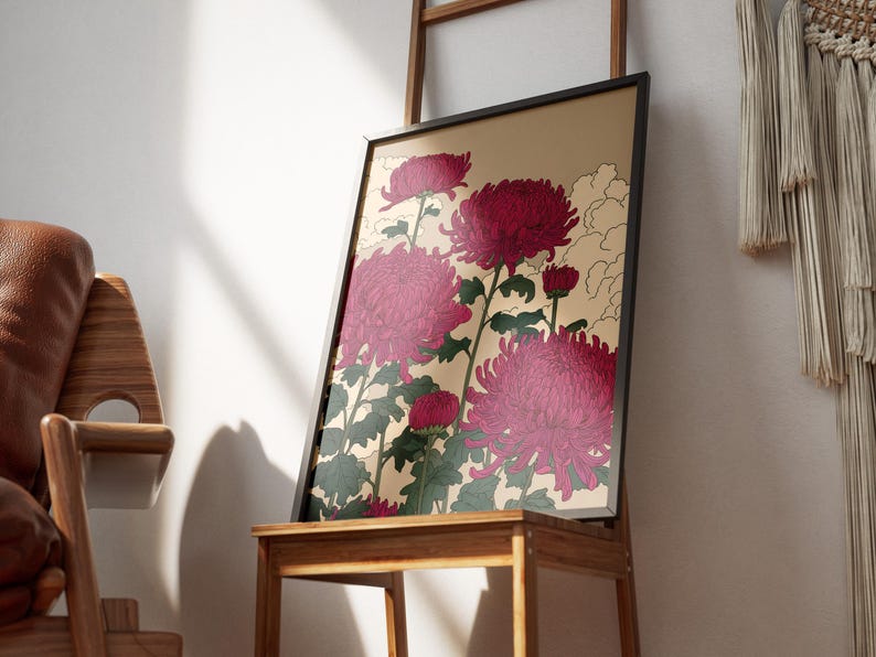 Vibrant Pink Chrysanthemum Flower Art Print Japanese Inspired Botanical Wall Decor Elegant Oriental Floral Poster Nature Lover Gift Idea