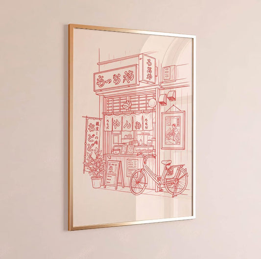 Vintage Ramen Shop Line Art Poster, Japanese Street Food Print