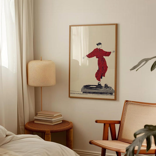 Red Dancer Illustration Poster | Vinyl Turntable Music Art | Minimal Line Figure Print
