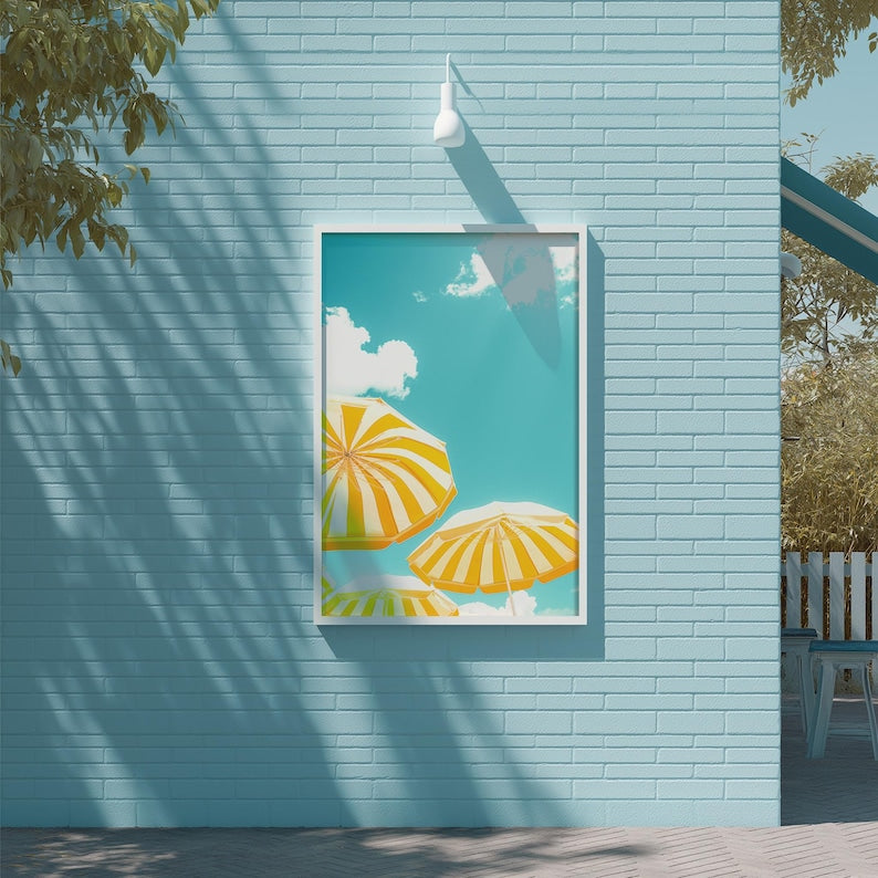 Yellow Beach Umbrella Wall Art Print, Minimal Coastal Poster, Retro Summer Photography, Pastel Sky Decor, Vacation Home Wall Art
