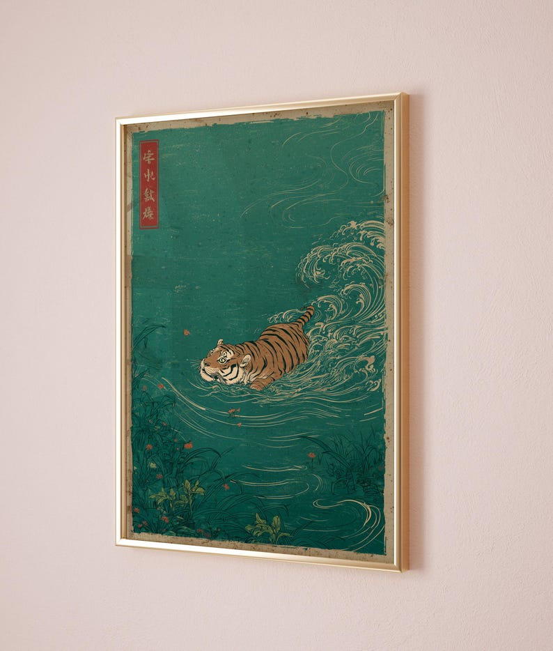 Japanese Tiger Swimming Print, Vintage Ukiyo-e Style Wall Art, Minimalist Animal Poster, Asian Decor Japanese vintage woodblock print