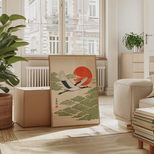 Japanese Wall Art - Flying Crane Print, Red Sun & Green Clouds Woodblock Print, Minimalist Asian Art, Poster for Japandi Home Decor