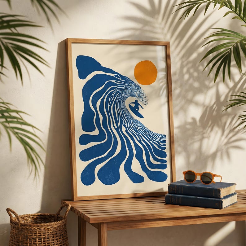 Retro Surfer Art Print | Abstract Wave Wall Art | Coastal Beach Decor | Minimalist Surf Poster | Blue Ocean Wave Print Unframed
