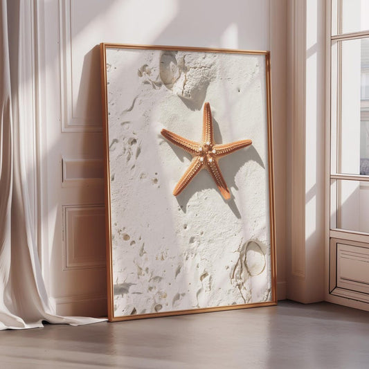 Minimalist Starfish Wall Art Print, Coastal Beach Sand Poster, Neutral Ocean Decor, Modern Beach House Bathroom Artwork