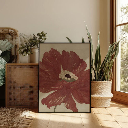 Warm Red Romantic Poppy Flower Art Print, Minima Art Nouveau Floral Poster, Boho Bedroom Botanical Wall Art