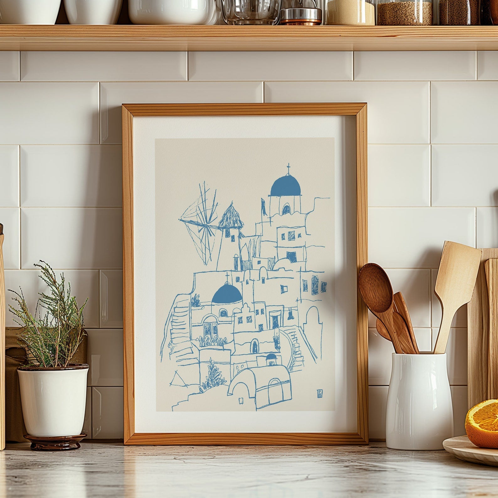 Santorini Greece Art Print: Minimalist Line Art, Greek Island Decor