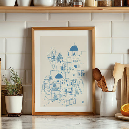 Santorini Greece Art Print: Minimalist Line Art, Greek Island Decor