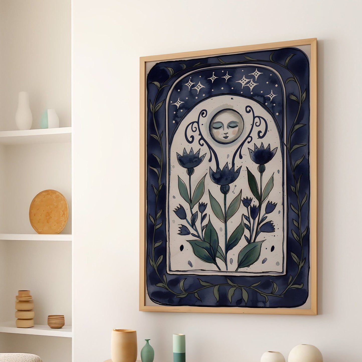 Moon Face with Flowers Folk Art Illustration Wall Decor or Canvas, Moon Artwork, Boho Blue Floral Mystical Folk Vintage Art Poster