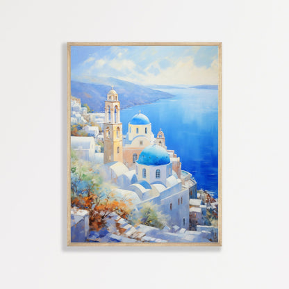 Santorini Coastal Painting: Retro Greece Summer Wall Art