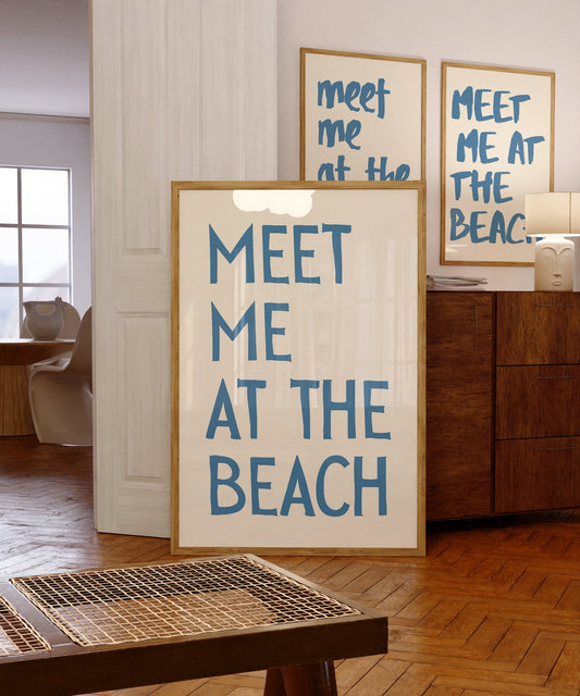 Meet Me At The Beach Poster, Vintage Coastal Typography Art