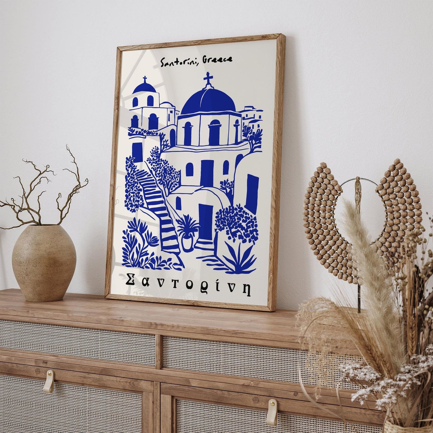 Santorini Greece Art Print: Blue & White Island Travel Poster