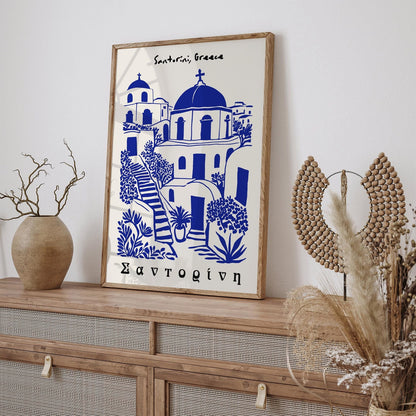 Santorini Greece Art Print: Blue & White Island Travel Poster