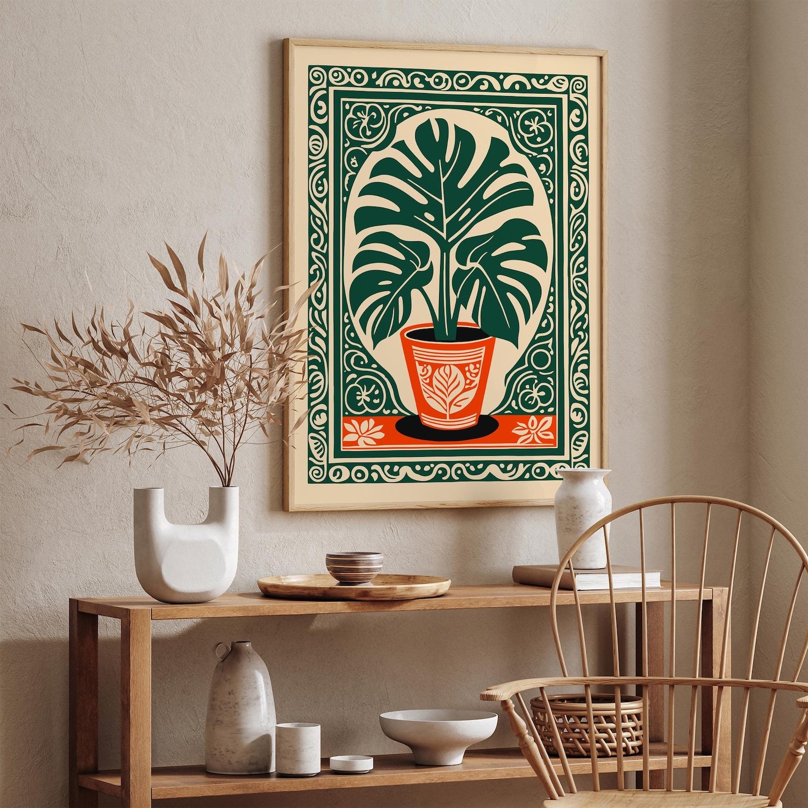 Bohemian Monstera Plant Print: Retro Tropical Wall Art