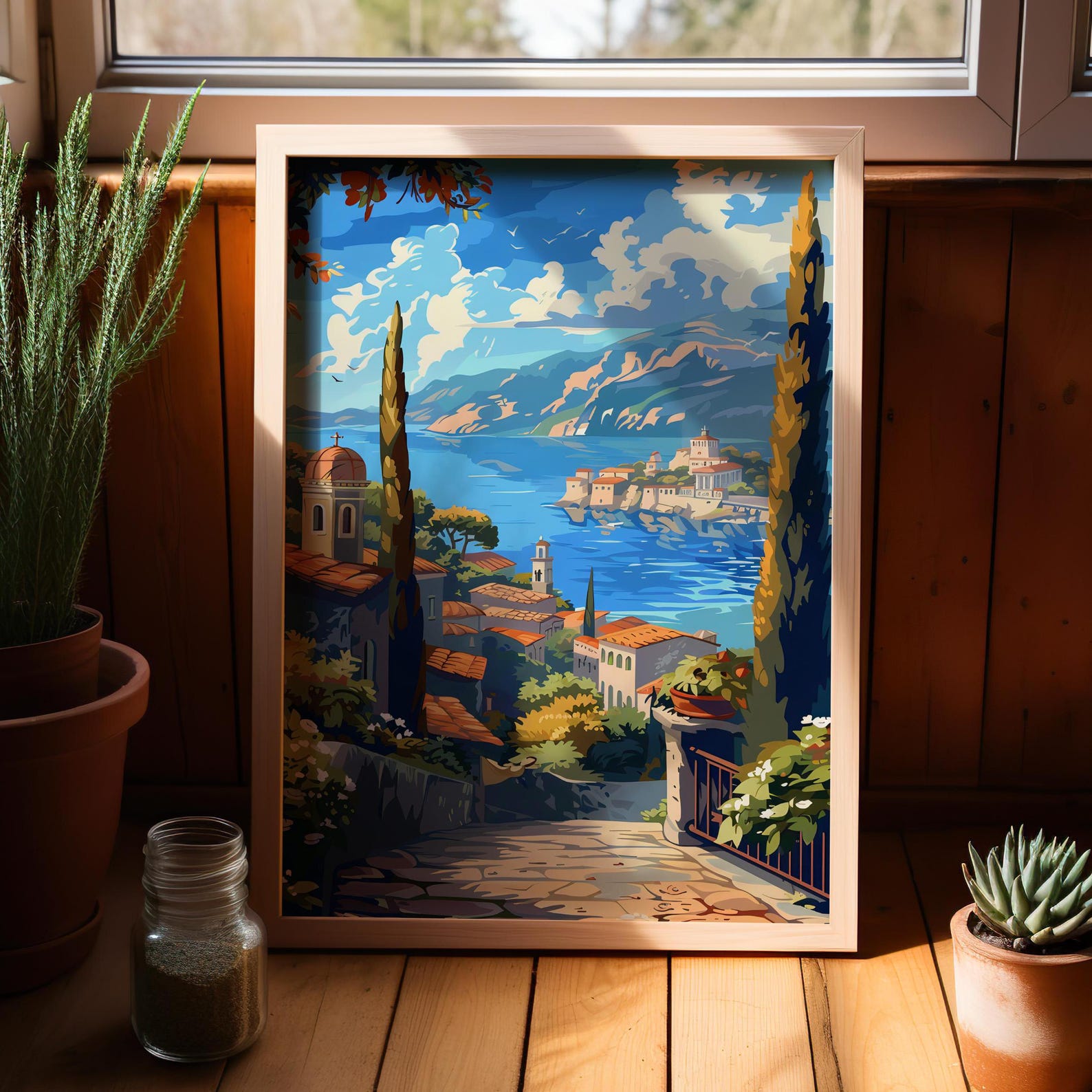 Greek Coastal Wall Art Poster or Canvas Print, Mediterranean Coastal Art Print, Europe Travel Poster, European Countryside Coastal Wall Art