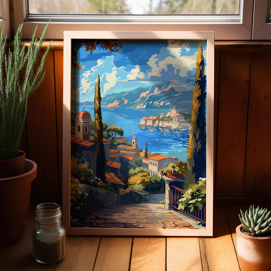 Greek Coastal Wall Art Poster or Canvas Print, Mediterranean Coastal Art Print, Europe Travel Poster, European Countryside Coastal Wall Art