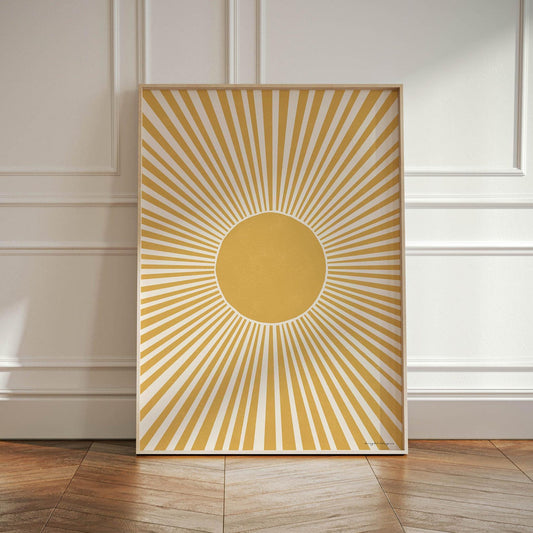 Mustard Yellow Sun Poster – Boho Mid-Century Modern Wall Art Print, Happy Sunrise, Colorful Wall Decor for Living Room & Bedroom