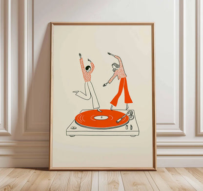 Dancing Couple Wall Art Print, Retro Record Player Poster, Modern Music Inspired Illustration for Home Bar or Living Room