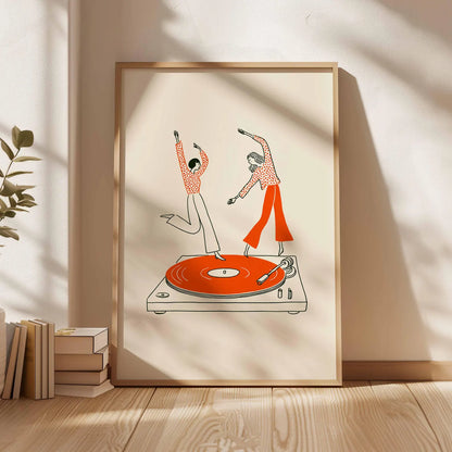 Dancing Couple Wall Art Print, Retro Record Player Poster, Modern Music Inspired Illustration for Home Bar or Living Room