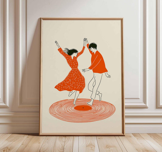 Dancing Couple Wall Art Print, Retro Record Player Poster, Modern Music Inspired Illustration for Home Bar or Living Room