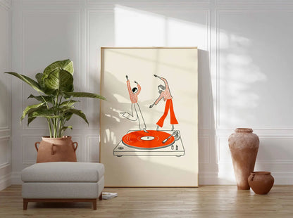 Dancing Couple Wall Art Print, Retro Record Player Poster, Modern Music Inspired Illustration for Home Bar or Living Room