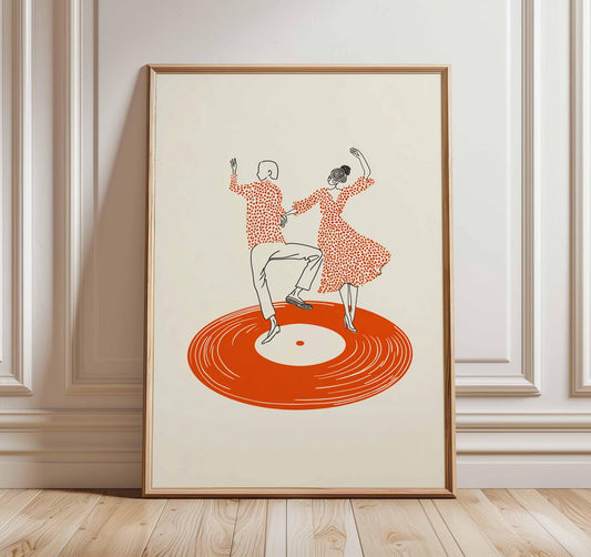 Dancing Couple Wall Art Print, Retro Record Player Poster, Modern Music Inspired Illustration for Home Bar or Living Room