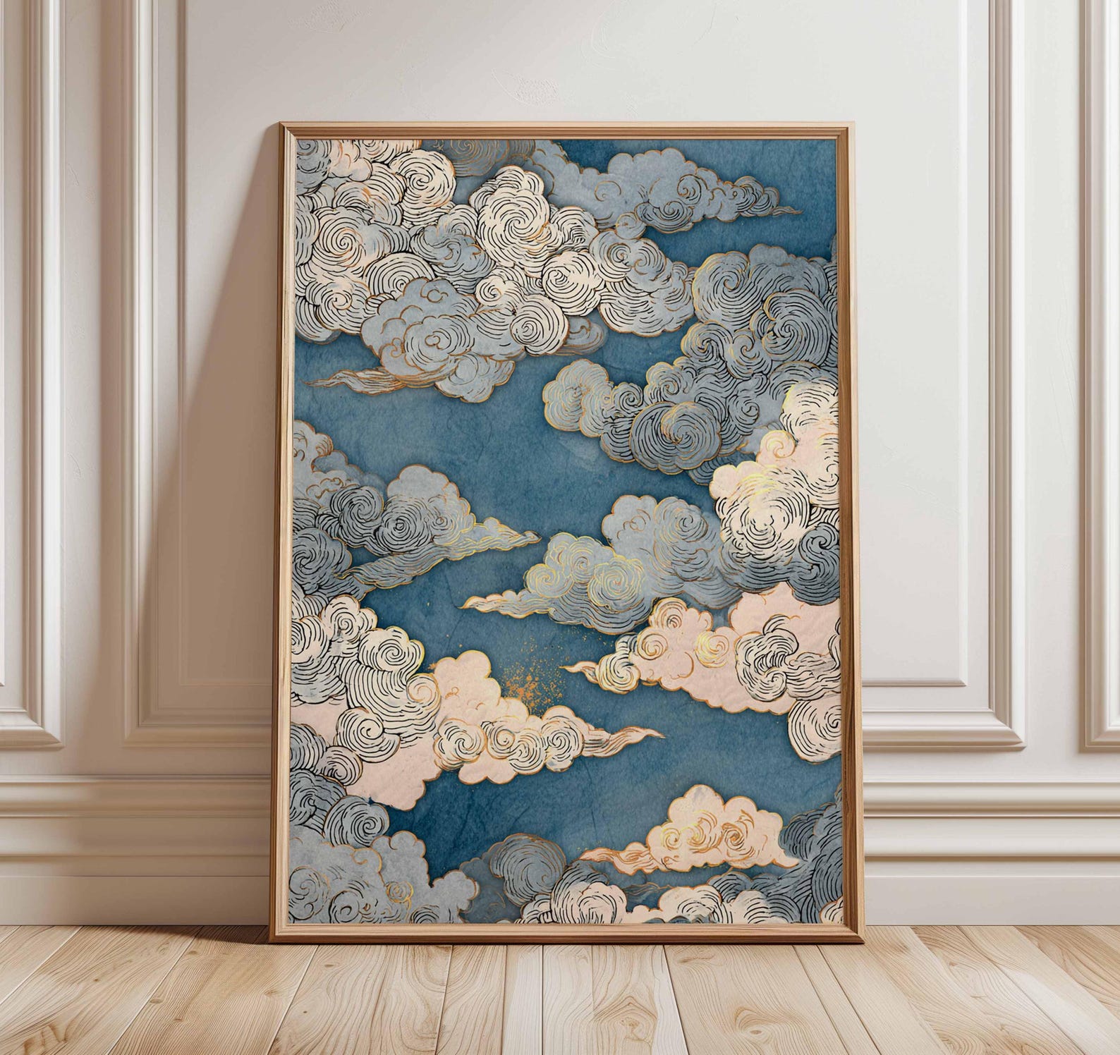 Japanese Cloud Art Poster, Blue and Gold Sky Print, Traditional Woodblock Style, Elegant Japanese Decor, Zen Minimalist Wall Art