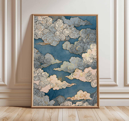Japanese Cloud Art Poster, Blue and Gold Sky Print, Traditional Woodblock Style, Elegant Japanese Decor, Zen Minimalist Wall Art