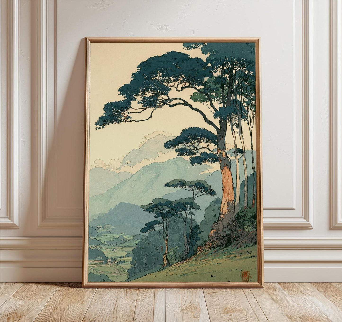 Vintage Japanese Forest Poster, Tranquil Mountain Landscape Wall Art, Retro Nature Print, Minimalist Tree Scene, Serene Home Decor
