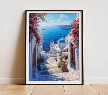 Santorini Greece Coastal Scenic Landscape Wall Art Greek Island Blue White Seaside Painting Poster Dreamy Aegean Sea Travel Lover Print