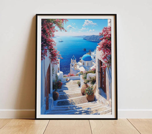 Santorini Greece Coastal Scenic Landscape Wall Art Greek Island Blue White Seaside Painting Poster Dreamy Aegean Sea Travel Lover Print