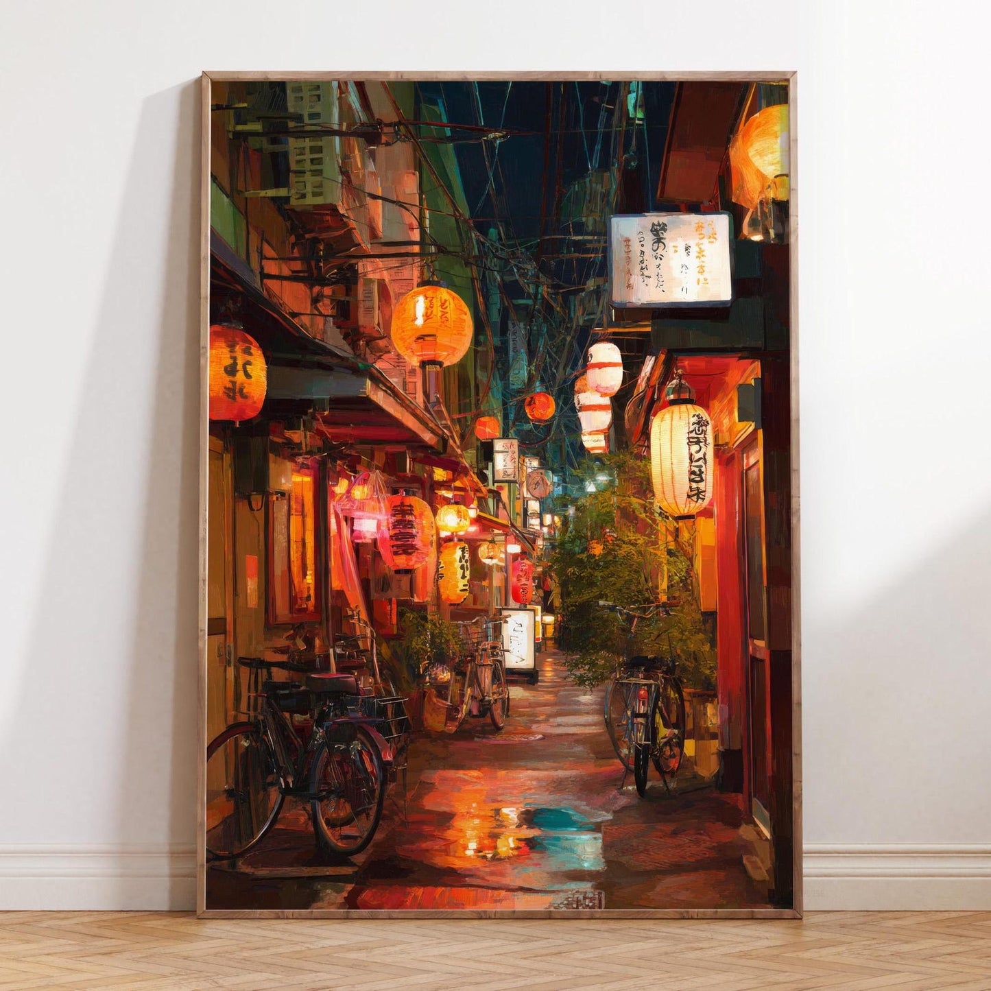 Tokyo Japan Oil Painting – Lantern Street Night Scene Wall Art, Asian Cityscape Urban Decor Print
