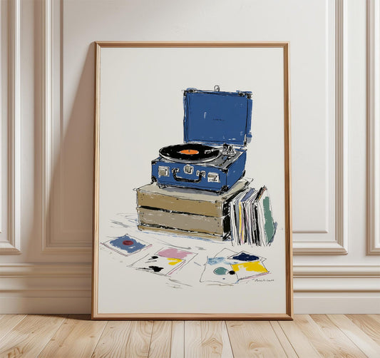Minimalist Blue Record Player Art Print, Music Room Decor