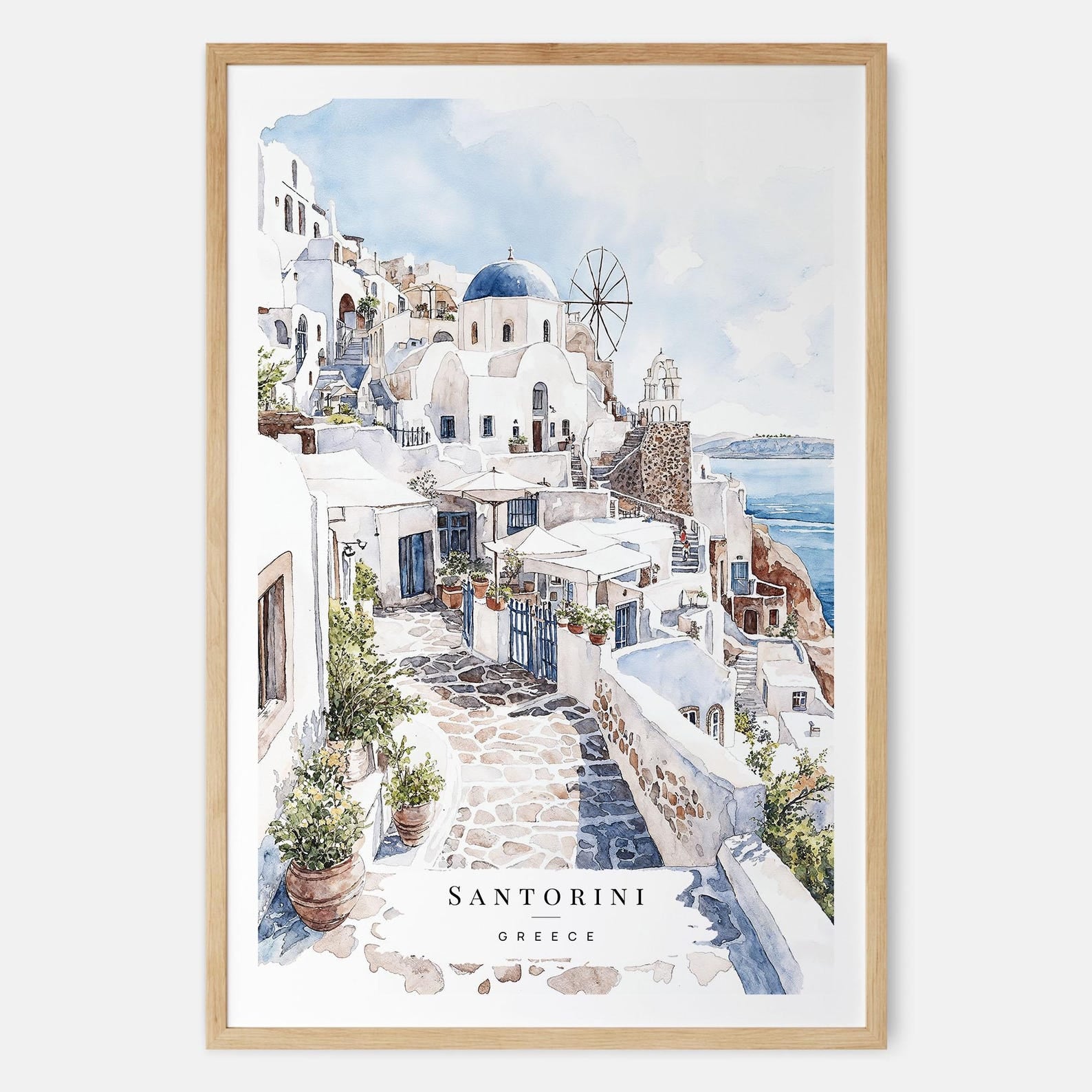 Santorini Watercolor Painting Art Print - Europe Travel Poster with Greece Santorini Landscape - Travel Gift - Moving Gift - New Home Gift
