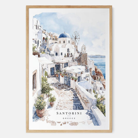 Santorini Watercolor Painting Art Print - Europe Travel Poster with Greece Santorini Landscape - Travel Gift - Moving Gift - New Home Gift