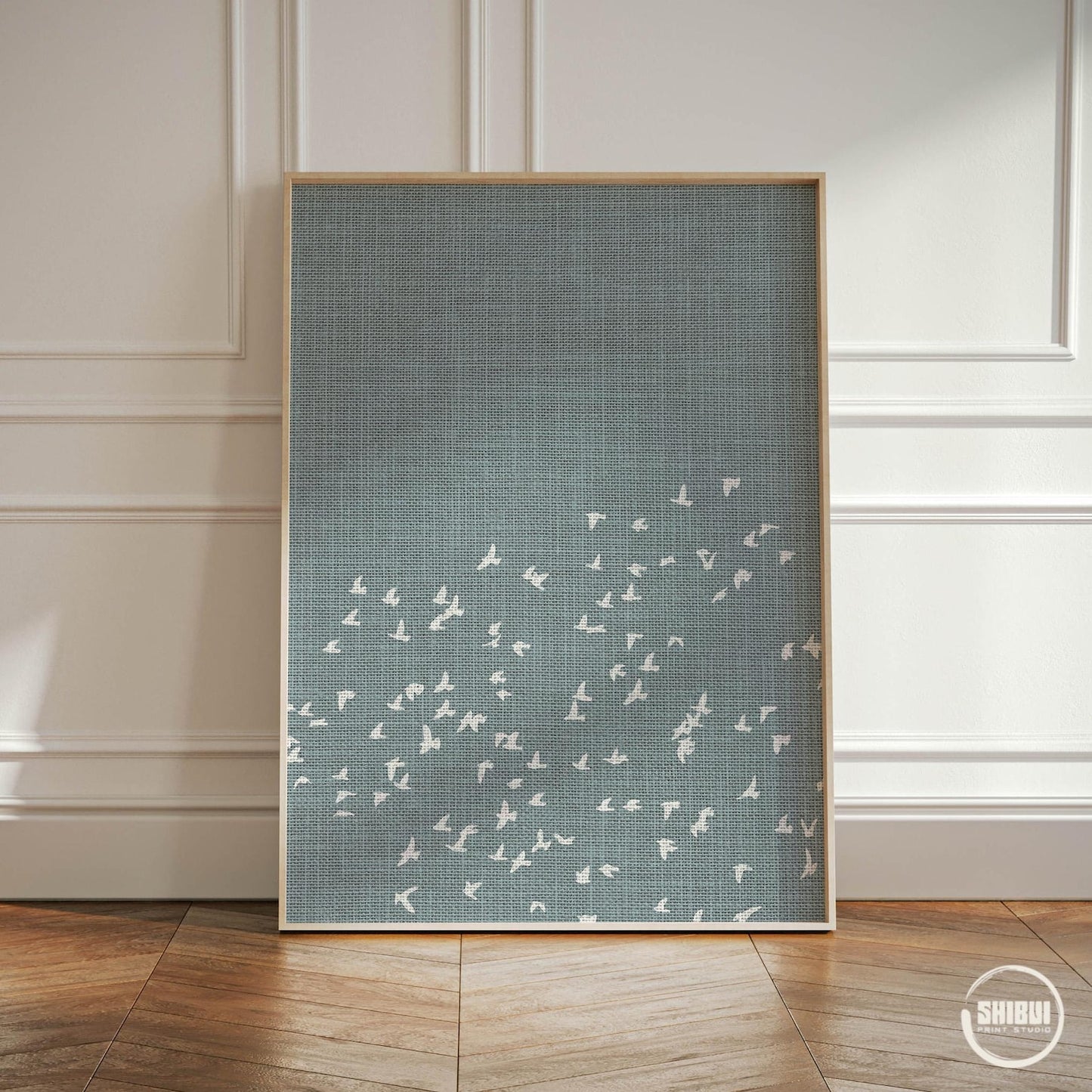 Blue Flock of Birds Poster for Japandi Scandi or Nordic Style Home Decor, available in populair sizes such as 18x24", 20x30" and 50x70cm