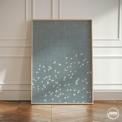 Blue Flock of Birds Poster for Japandi Scandi or Nordic Style Home Decor, available in populair sizes such as 18x24", 20x30" and 50x70cm