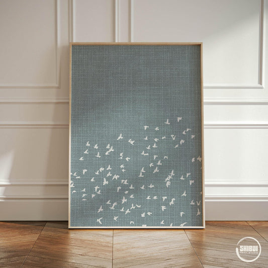 Blue Flock of Birds Poster for Japandi Scandi or Nordic Style Home Decor, available in populair sizes such as 18x24", 20x30" and 50x70cm