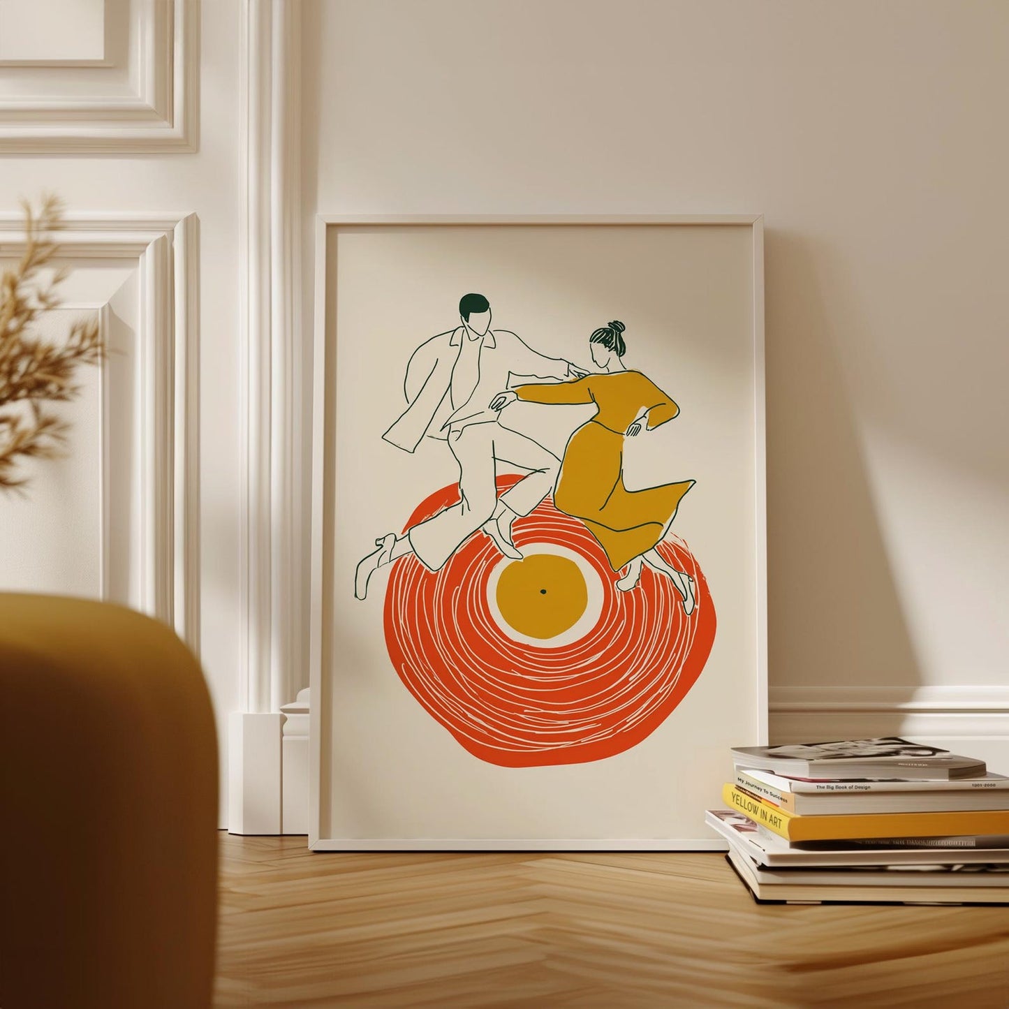 Dancing Couple Poster in Minimal Line Illustration Style with Orange and Yellow Tones