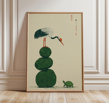 Crane and Turtle Wall Art Print, Japanese Symbolism Poster, Minimal Nature Illustration