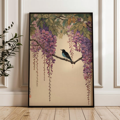 Bird And Wisteria, Traditional Japanese Wall Art Print, Vintage Floral Poster